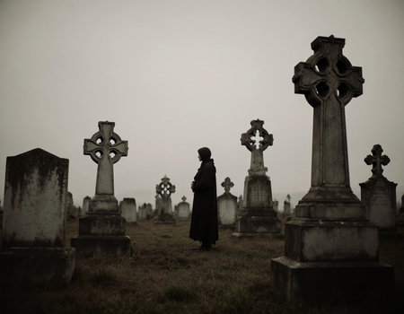 On Halloween night, a solitary figure in a dark cloak walks among ancient tombstones in an old cemetery, shrouded in mist and mystery. Celtic crosses stand tall under the dim sky.の素材