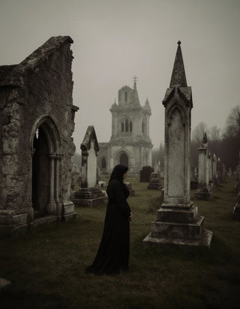 A mysterious figure in dark clothing stands among weathered gravestones in an old cemetery, surrounded by mist as Halloween approaches, evoking a chilling atmosphere.の素材