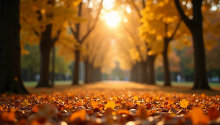 In a serene park, vibrant autumn leaves blanket the ground as warm sunlight filters through the trees, creating a cozy ambiance for Halloween festivities.の素材