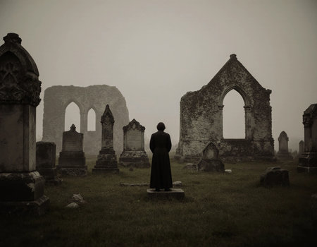 A figure in dark clothing stands quietly in a foggy cemetery, surrounded by weathered gravestones and ancient ruins, capturing the eerie essence of Halloween night. Generative AI.の素材