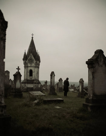 On Halloween, a mysterious figure walks through an old cemetery. Tombstones rise from the ground as fog envelops the scene, creating an eerie atmosphere perfect for the occasion.の素材