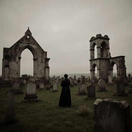 On Halloween night, a figure in dark clothing stands alone in an old cemetery, surrounded by weathered gravestones and crumbling ruins under a cloud-covered sky.の素材