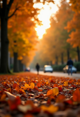 Visitors walk along a park path covered in vibrant autumn leaves as the sun sets, creating a warm, enchanting atmosphere perfect for Halloween.の素材
