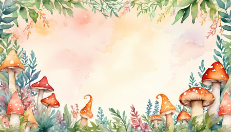 Mushrooms of various shapes and colors are surrounded by delicate foliage against a soft, blank backdrop. The artwork captures a whimsical Halloween theme.の素材