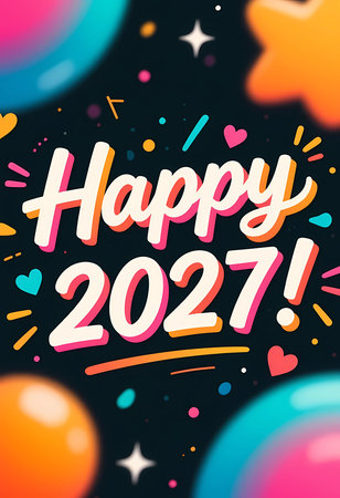 Festive decorations fill the space with bright colors. Celebratory words show joy for the New Year 2027. Elements like hearts and balloons add a lively feel to the scene.の素材