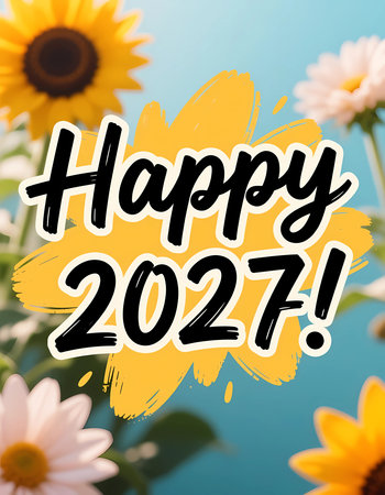 Bright flowers stand against a blue background. The text Happy 2027 is in bold letters. This scene shows a festive mood for the new year celebration.の素材