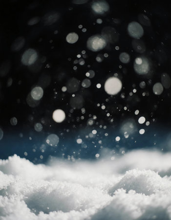 Snow falls quietly during the night, creating a light display with fine flakes and blurred lights against a dark background. The snowy ground captures the winter mood.の素材