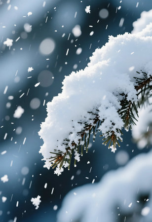 White snow covers pine branches as flakes fall from the sky. The scene shows a winter forest with soft lighting in the background, creating a cold atmosphere.の素材