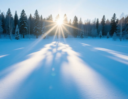 Sun rises over a snowy landscape, casting long shadows from trees on the white ground. The scene shows a clear sky and a tranquil winter morning with soft light.の素材