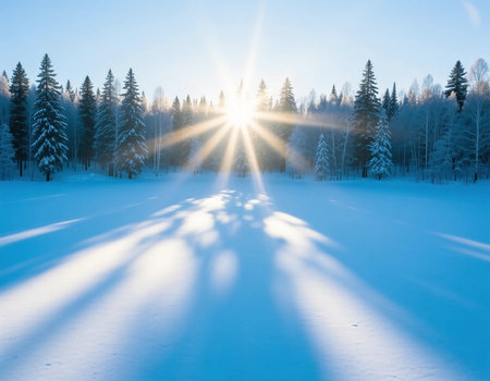 Sunlight breaks through the trees, casting long shadows on the snow-covered ground in a winter landscape. The scene shows a peaceful morning in a snowy forest.の素材