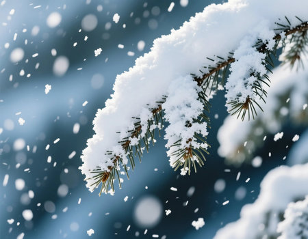 Snow accumulates on the branches of pine trees in a forest. Snowflakes drift down gently, creating a winter scene. Cold air surrounds the area as nature transforms.の素材