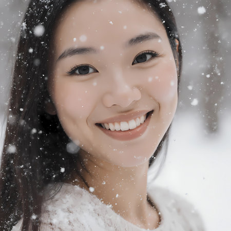 A woman stands in a snowy area, smiling as snowflakes fall softly around her. The setting shows trees and a winter landscape in the background.の素材