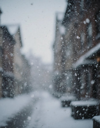 Snow covers the street and buildings in a historic town. Large snowflakes fall gently from the sky, creating a winter scene in cloudy light.の素材