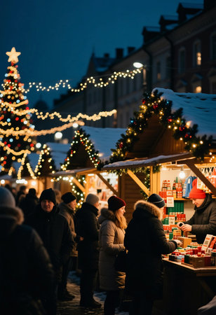 People gather at a Christmas fair in the evening. Stalls display colorful goods, while holiday lights illuminate the surroundings. A tree decorates the scene.の素材