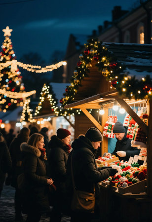 People wander through a Christmas fair, browsing stalls decorated with lights. They enjoy seasonal treats and shop for festive items under a large tree at night.の素材