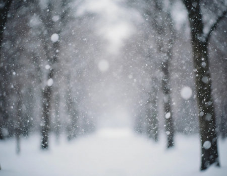 Snow covers the ground and trees in a park while flakes fall steadily. The view is mostly blurred, creating a soft and quiet atmosphere as winter unfolds.の素材