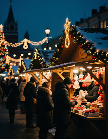 People browse stalls filled with items at a Christmas fair. The market is decorated with lights and ornaments. The scene takes place in the evening with a festive atmosphere.の素材
