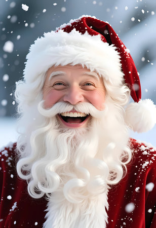 Santa Claus shares a big smile as snowflakes fall around him. The scene shows a winter landscape filled with joy and holiday spirit in a festive setting.の素材