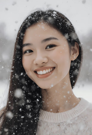 A woman stands outside on a winter day smiling as snowflakes fall around her. She is in a snowy area with trees in the background and looks joyful in the cold weather.の素材