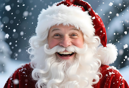 Santa Claus shows a big smile while surrounded by falling snowflakes. He is dressed in his traditional outfit and brings happiness during the winter holiday season.の素材