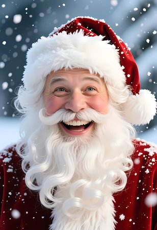 Santa Claus is smiling happily in a snowy setting. His bright red hat and fluffy white beard stand out as snowflakes fall around him. The scene captures the spirit of winter.の素材