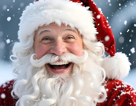 Santa Claus smiles brightly with a fluffy white beard and red suit while snowflakes fall around him in a snowy setting during the winter season.の素材