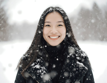 A woman stands still in a snowy scene with snowflakes falling around her. She wears a dark coat and shows a smile. The scenery includes soft white snow on the ground and trees nearby.の素材
