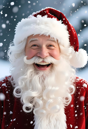 A man dressed as Santa Claus smiles broadly while snowflakes fall around him. The scene captures the joy of the winter season in a cheerful outdoor location.の素材
