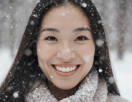 Woman stands outside in a snowy place with snow falling around her. She is smiling and enjoying the cold winter weather on a snowy day.の素材
