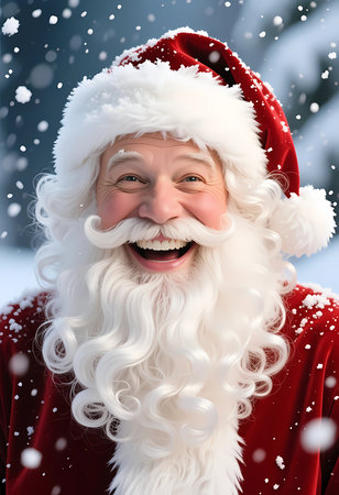 Santa Claus shows a big smile while standing outside in the snow. His bright red suit and white beard shine as snowflakes fall around him. He spreads cheer during the holiday season.の素材