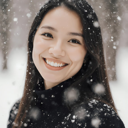 A woman stands outdoors in a snowy area. She smiles as flakes fall around her. The background shows trees covered in snow. It is a winter day with soft light.の素材
