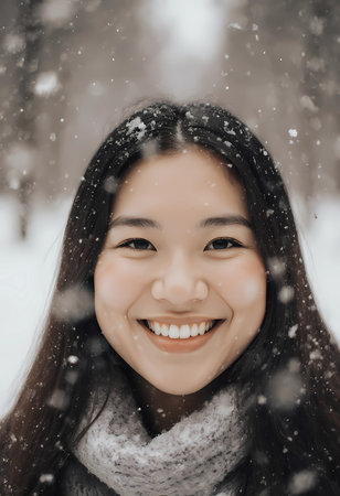 Snow falls gently around a woman with long hair as she smiles in a winter forest. She wears a warm scarf and enjoys the cold weather during the snowy scene.の素材
