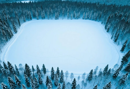 The scene shows a winter landscape with fresh snow covering the ground. Tall trees border a large empty area of ice, creating a natural setting for winter activities.の素材