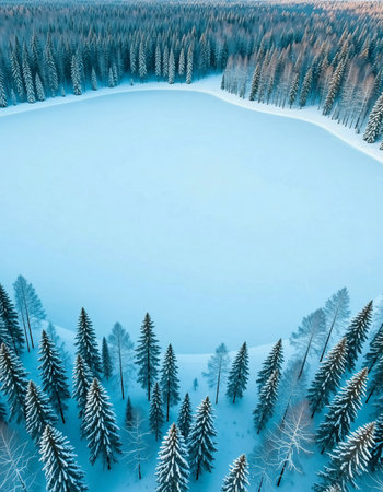 Snow covers the ground and tall trees stand around a frozen lake. The scene shows the quiet of winter in a remote forest area with no people in sight.の素材
