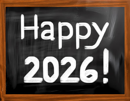 A chalkboard displays a greeting for the year 2026 in white letters. The writing is bold and stands out against the dark background, framed in wood.の素材