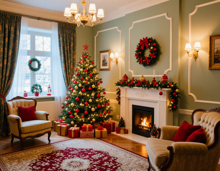 A Christmas tree stands tall in the corner, surrounded by wrapped gifts on the floor. A fireplace glows warmly while wreaths hang on the walls and curtains frame the window.の素材