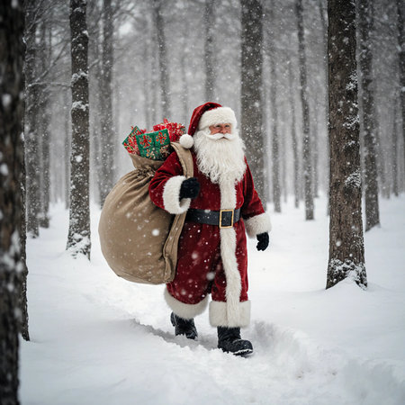Santa Claus walks along a path in a snowy forest. He carries a large bag filled with gifts. Snow falls gently from the trees creating a winter scene.の素材