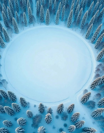 A view shows a large circular clearing covered in snow, surrounded by tall evergreen trees in a winter landscape. The scene captures the quietness of nature in the cold weather.の素材