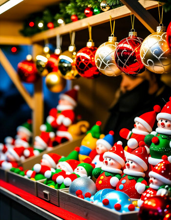 Visitors browse a Christmas fair filled with colorful toys and decorations. The stall features snowman figures and shiny ornaments hanging above, creating a cheerful scene.の素材