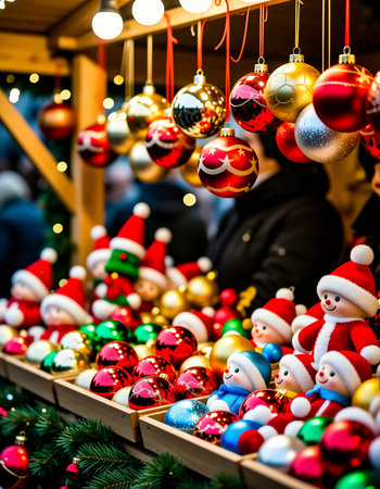 Families and friends gather at a Christmas fair to look at toys and ornaments. Colorful decorations hang from the stalls, adding joy to the festive atmosphere.の素材