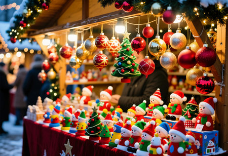 A Christmas fair takes place with a stall filled with various toys and decorations. People browse the items, enjoying the festive atmosphere and holiday spirit.の素材