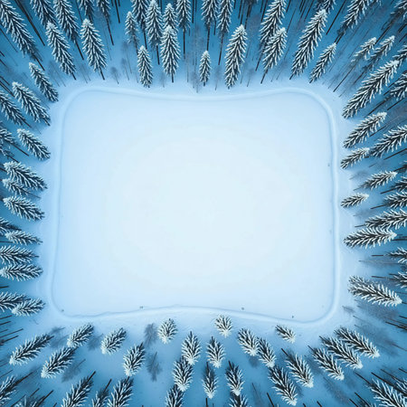 Snow covers the ground, surrounded by tall pine trees. An open space in the center suggests a location for skating or playing in the winter. The scene captures a cold day.の素材