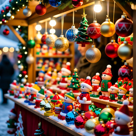 Brightly colored toys and ornaments fill a stall at a Christmas fair. People gather around to enjoy the festive atmosphere and shop for gifts and decorations.の素材