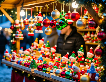 Children and families visit a Christmas fair where many toys and decorations are shown on a market stall. Lights and ornaments create a festive mood.の素材