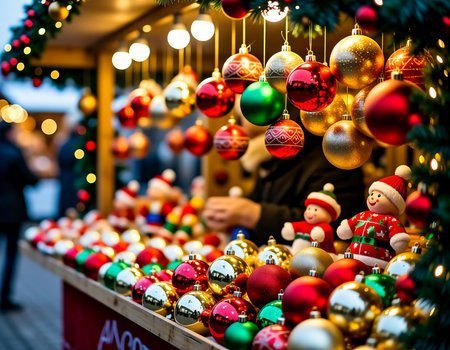 Stalls at a Christmas fair display a wide range of colorful ornaments and toys. Visitors browse the festive decorations and enjoy the holiday atmosphere during wintertime.の素材