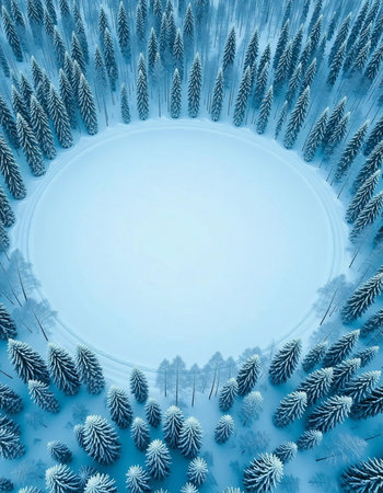 A circular area of snow lies in the center, surrounded by tall trees covered with snow. The scene shows a bright day in winter with no people or animals present.の素材