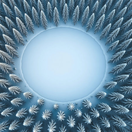 Snow-covered trees surround a clear circular area in a winter landscape. The ground is white with fresh snow, creating a focal point of nature.の素材