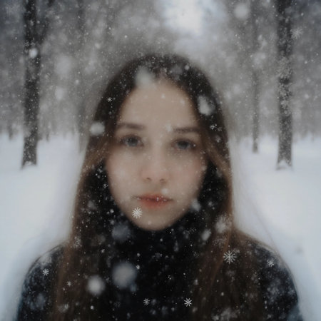 A woman stands in a snowy setting surrounded by soft bokeh lights during the Christmas season. Snowflakes gently fall, adding to the festive atmosphere.の素材