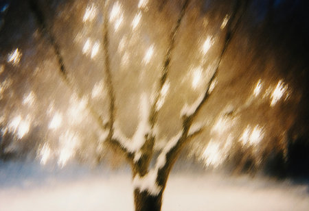 A Christmas tree covered in snow sparkles with bright lights. This scene brings holiday cheer and joy during the New Year season in a winter landscape.の素材