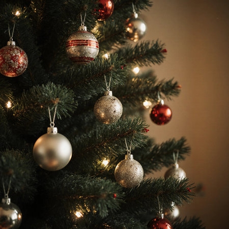 Colorful tree balls are placed on a Christmas tree. The tree is lit, adding warmth to the space as families gather to celebrate Christmas and the New Year.の素材
